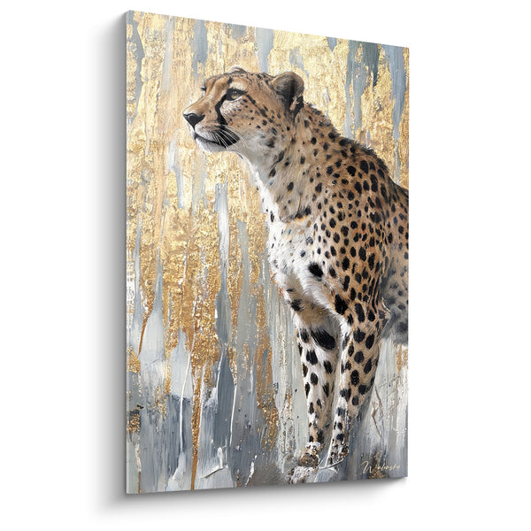 Tableau Guépard doré aux coulures argentées - Regard vers l'horizon - Edition Guépard