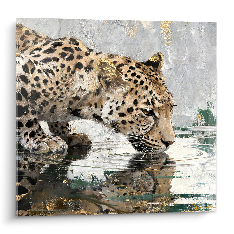 Tableau Guépard tacheté doré s'abreuvant à l'eau - Halte silencieuse - Edition Guépard