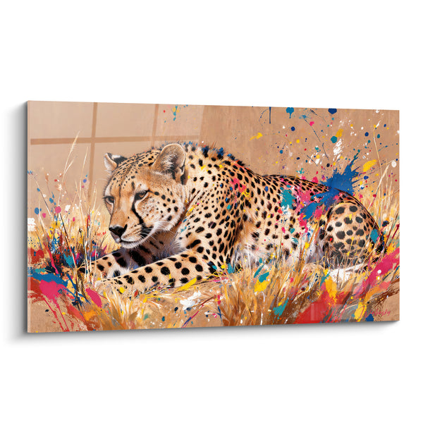 Tableau Guépard fauve et beige parmi les herbes hautes - Éclaboussures multicolores - Edition Guépard