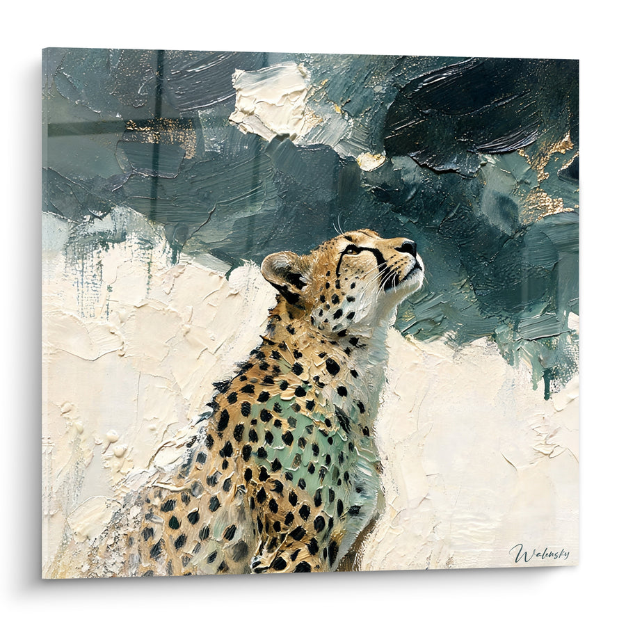 Tableau Guépard doré fond ivoire et pétrole - Vigilance silencieuse - Edition Guépard