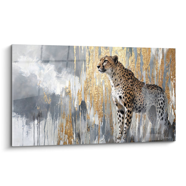 Tableau Guépard sur fond doré et gris coulé - Veille dorée - Edition Guépard