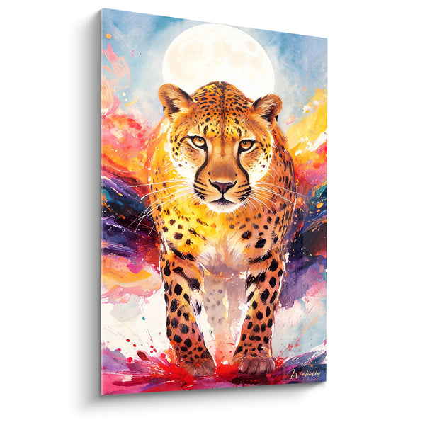Tableau Guépard doré fond violet lune éclatante - Marche sous la lune - Edition Guépard