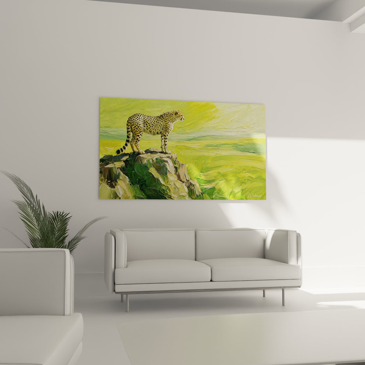 Guépard doré sur promontoire rocheux vert, au-dessus d'un canapé dans un salon lumineux