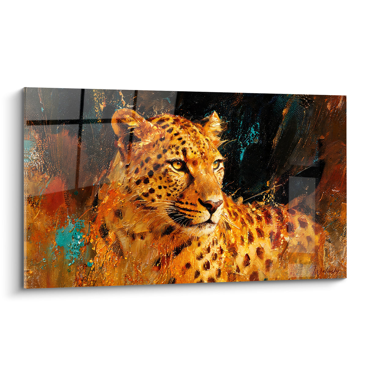 Guépard doré au regard perçant sur fond anthracite éclaboussé de turquoise et ocre