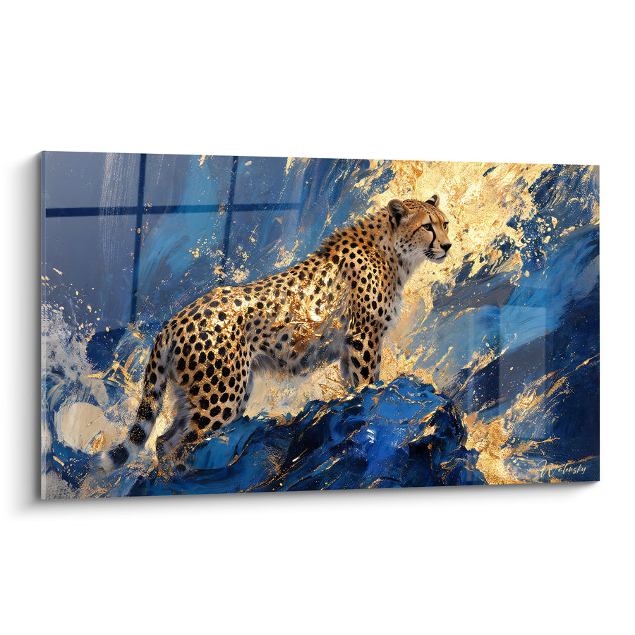 Tableau Guépard doré sur rocher bleu profond éclaboussé d'or - Vagues tourbillonnantes dorées - Edition Guépard
