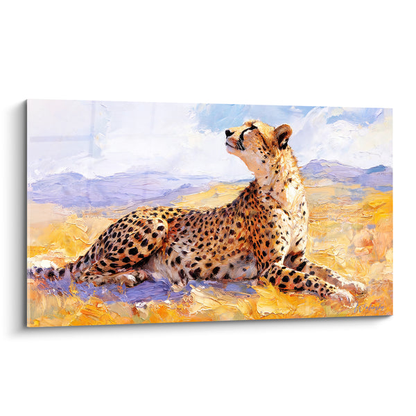 Tableau Guépard allongé savane dorée et mauve - Veille sous le soleil - Edition Guépard