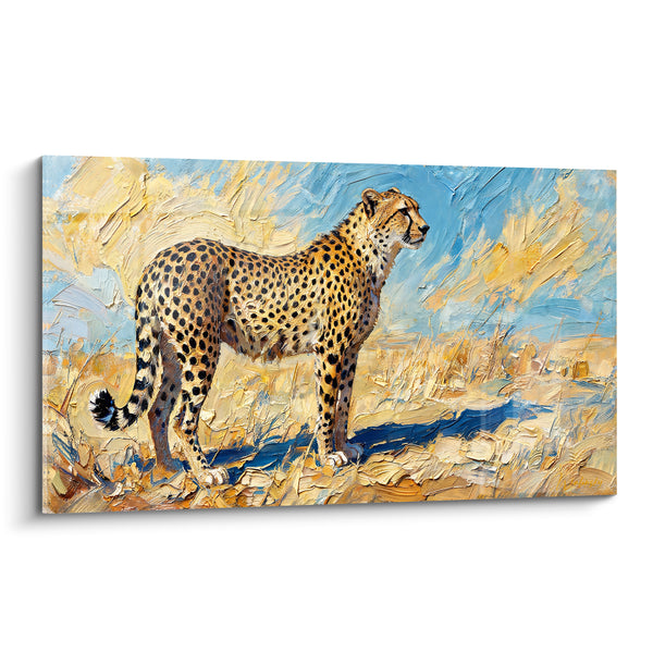 Tableau Guépard doré savane bleu ciel empâtée - Veille dans la savane - Edition Guépard