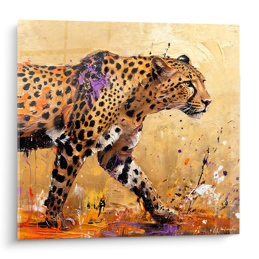 Tableau Guépard doré aux touches violettes sur fond sablé - Éclaboussures au sol - Edition Guépard