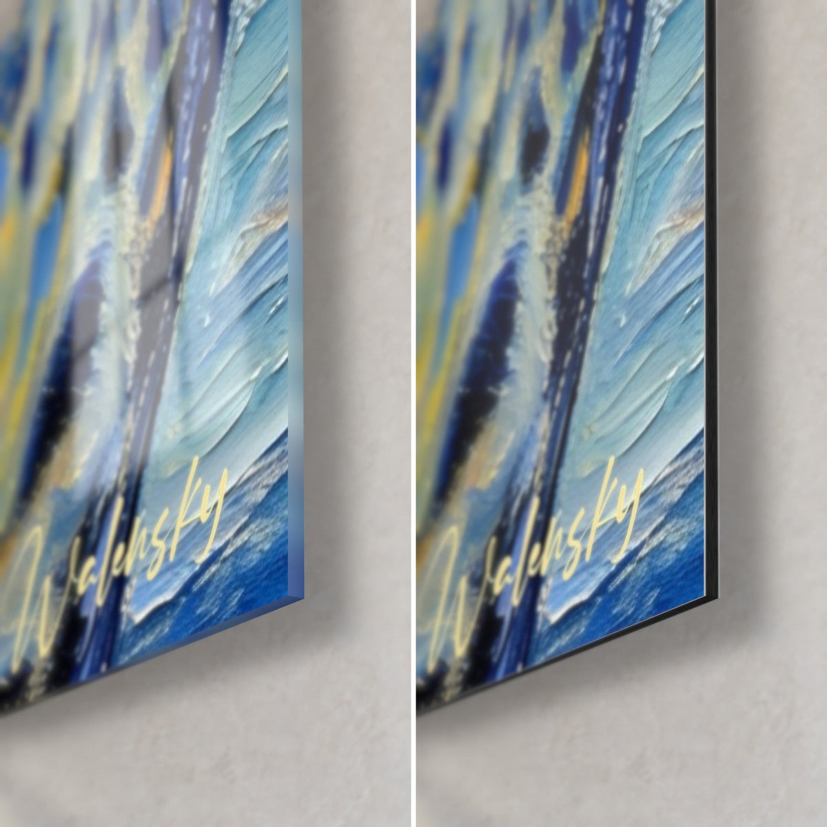 Tableau guépard bleu et doré, coin bas droit : verre acrylique brillant à reflets, alu Dibond noir mat, tranche de 3 mm et signature jaune