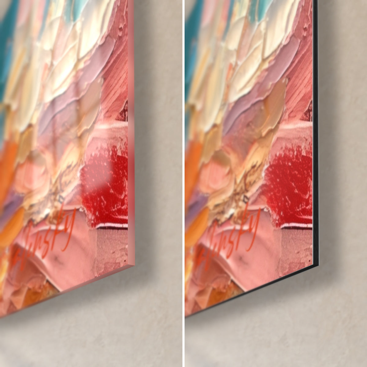 Gemälde eines gefleckten Raubtiers in Rosa und Türkis, untere rechte Ecke: glänzendes Acrylglas links, mattschwarzes Dibond rechts, 3 mm Kante