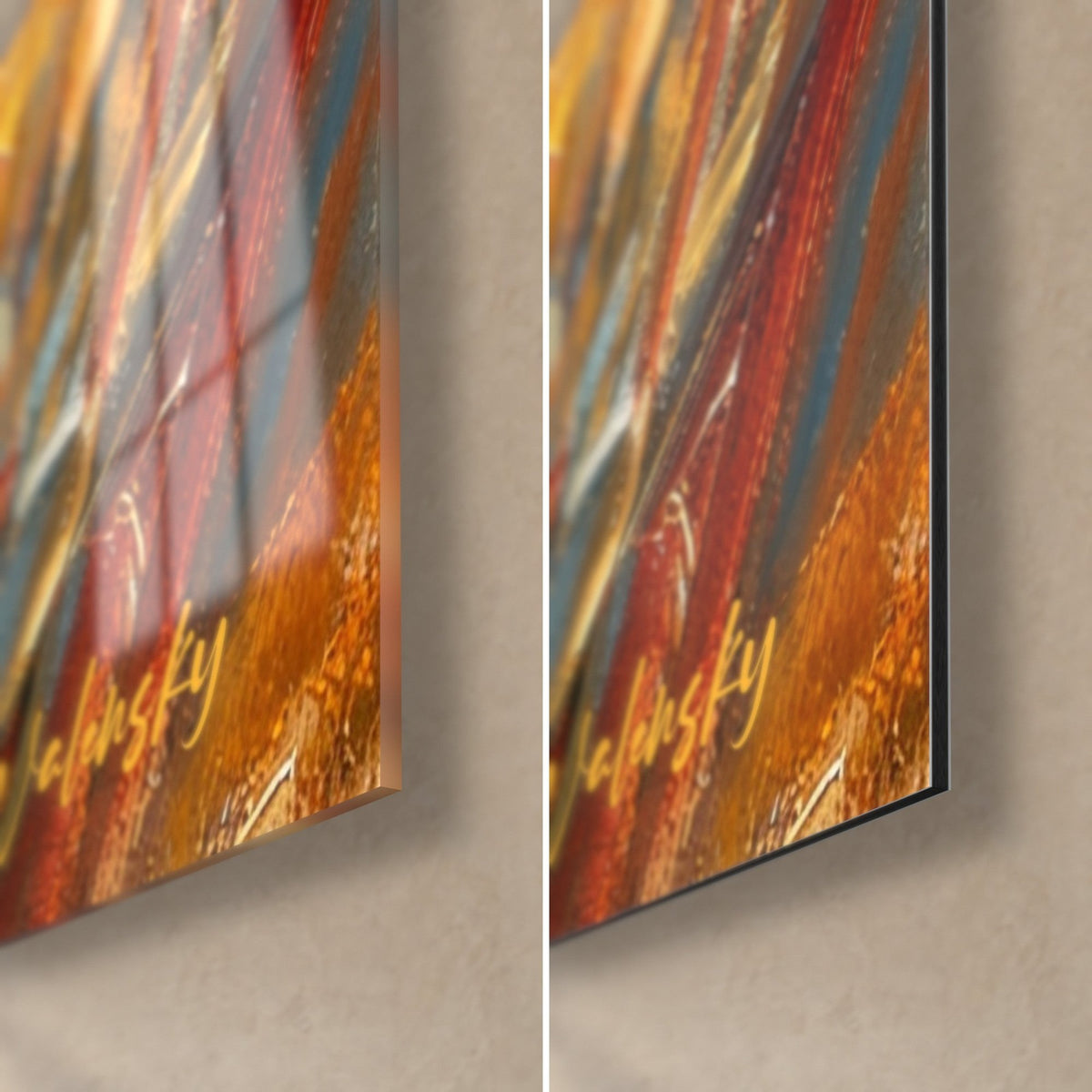 Tableau guépard peint au couteau, coin bas droit : verre acrylique brillant à gauche, alu Dibond mat à droite, tranche de 3 mm, touches rouges et ambrées