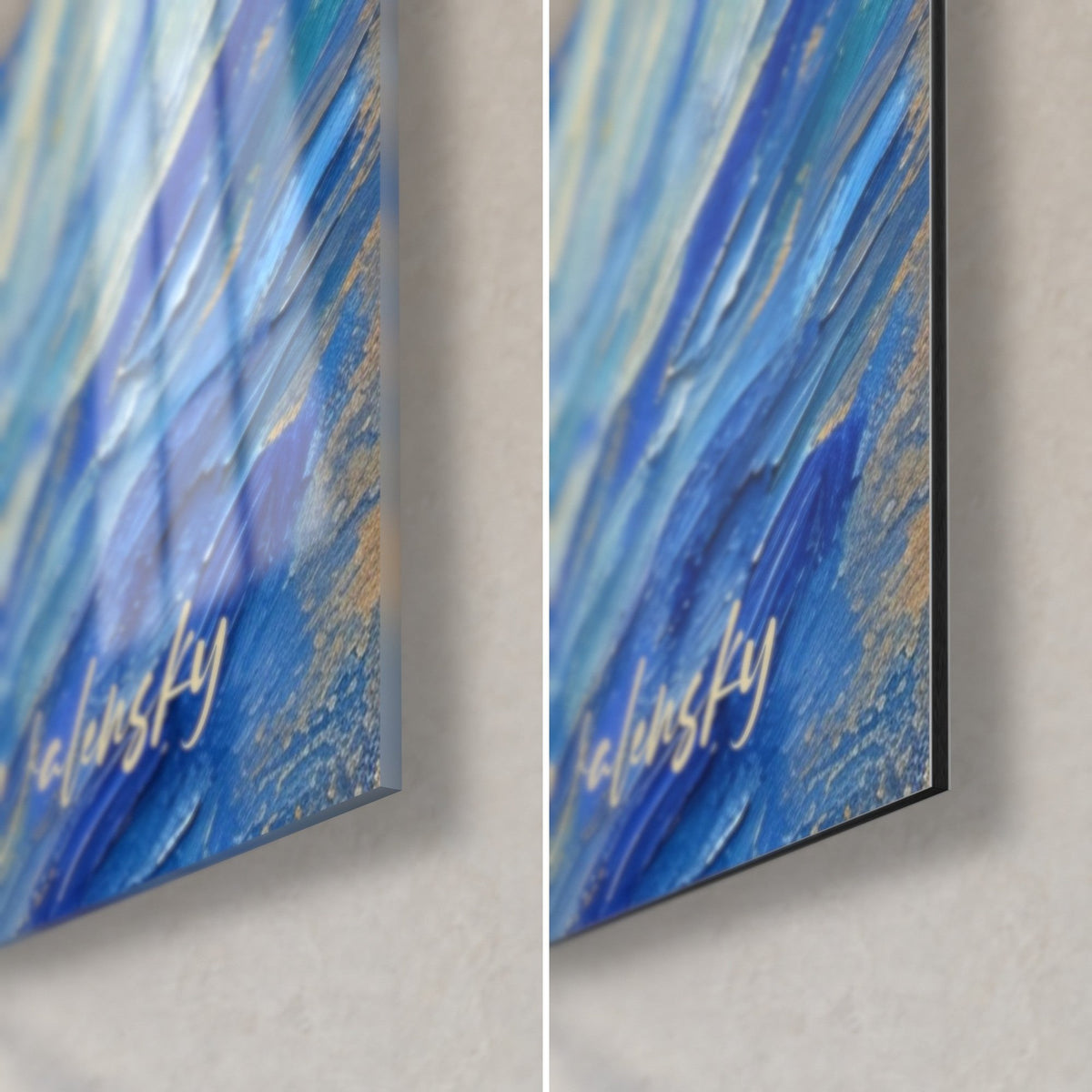 Tableau guépard aux touches d'empâtement bleu et or, coin bas droit : verre acrylique brillant à gauche, Dibond mat à droite