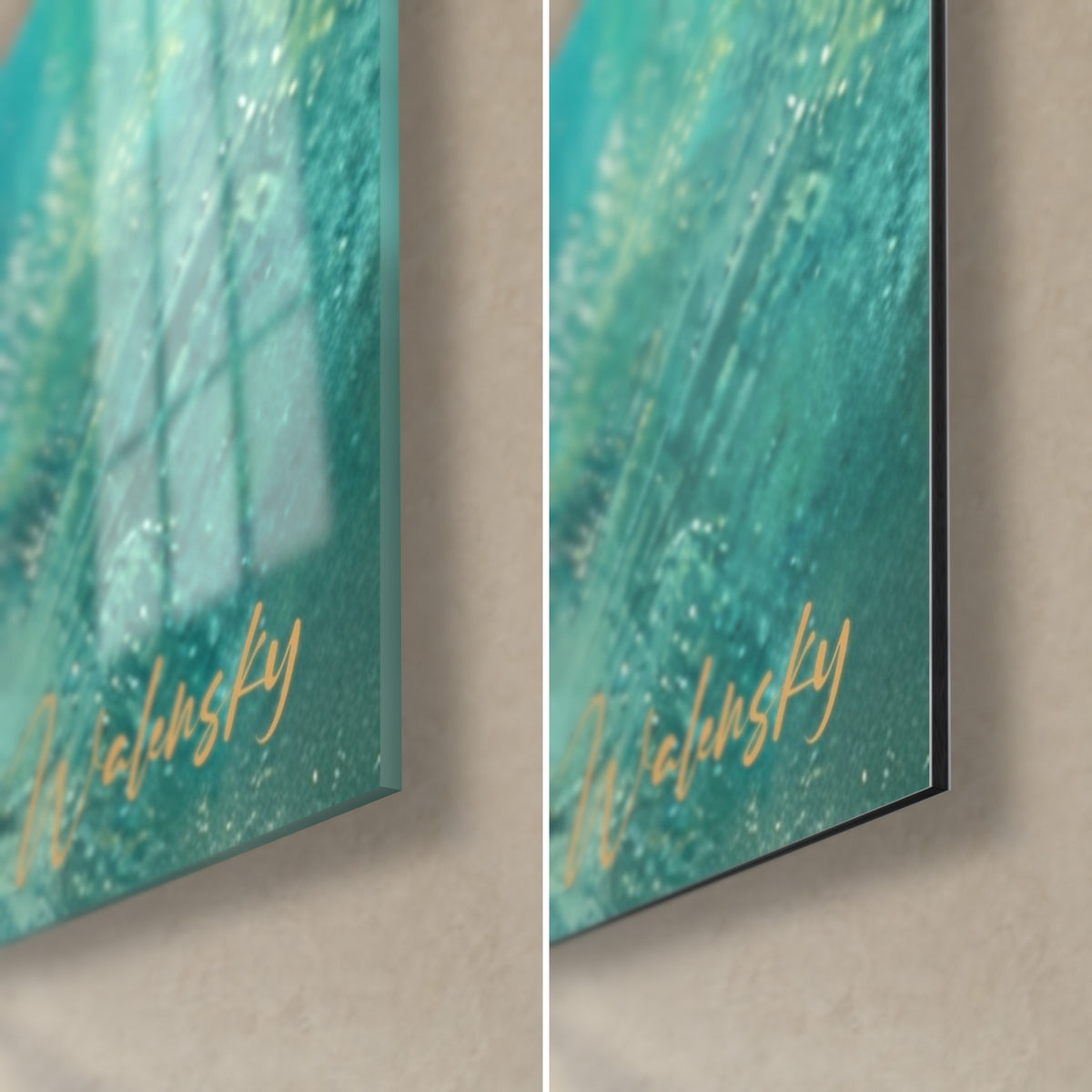 Tableau guépard turquoise et ocre, coin bas droit : verre acrylique brillant à gauche, alu Dibond mat à droite, tranche de 3 mm