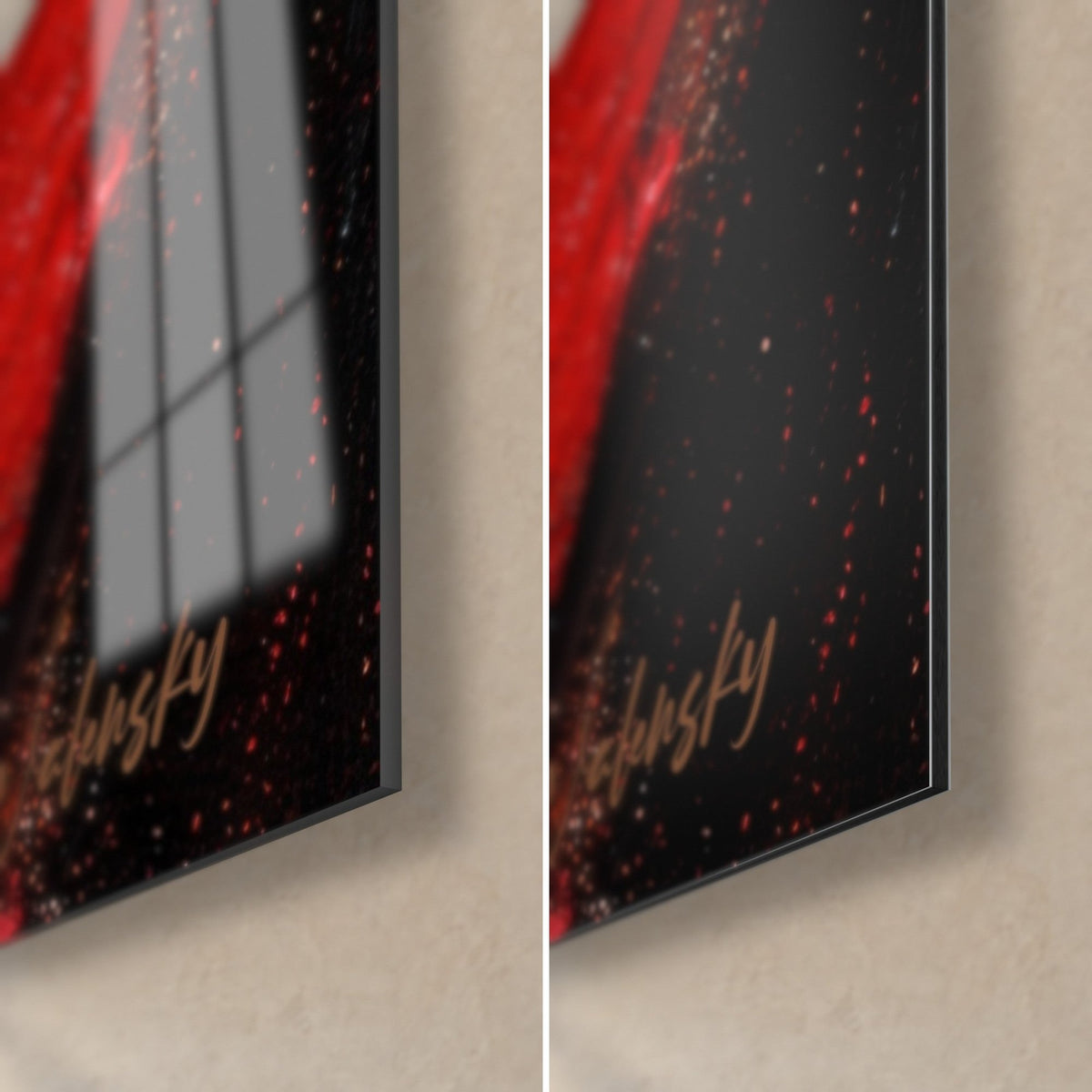 Tableau léopard aux taches noires, coin bas droit : verre acrylique brillant et alu Dibond mat, tranche de 3 mm