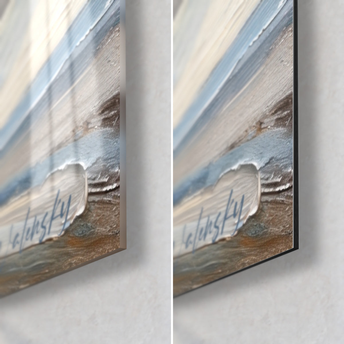 Wall art oil-painted cheetah, bottom right corner: glossy acrylic glass with blue and ochre reflections, matte black Dibond, 3 mm edge