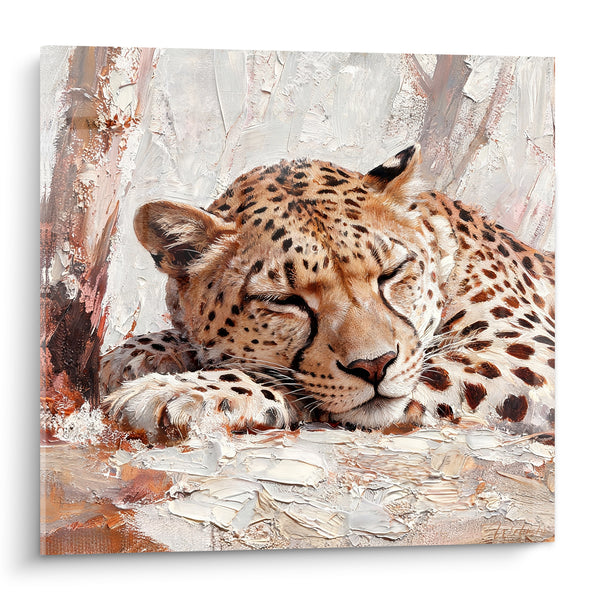 Tableau Guépard endormi aux empâtements blancs et ocre - Sommeil paisible - Edition Guépard