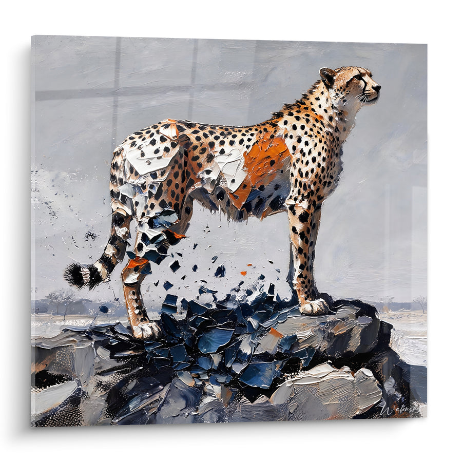 Tableau Guépard fragmenté ocre et gris perle - Métamorphose minérale - Edition Guépard