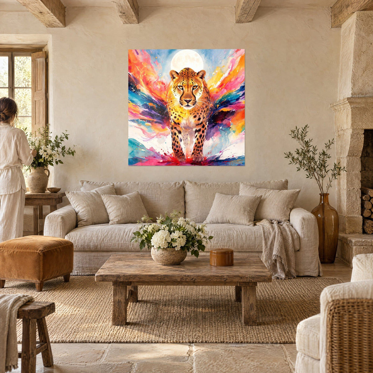 Gemälde eines getupften Raubkatzen-Tiers, das unter einem elfenbeinfarbenen Mond schreitet, orangefarbene und türkisfarbene Spritzer, über einem Sofa in einem hellen Wohnzimmer
