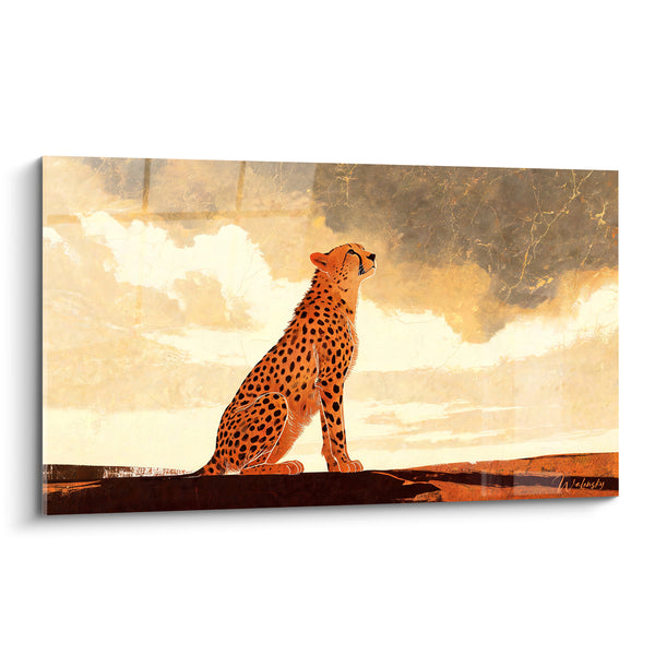 Leopard Sitting on a Background of Ivory and Anthracite - Profile Turned Towards the Sky - Leopard Edition