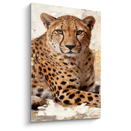 Tableau Guépard couché fond ivoire et doré regard frontal - Face au spectateur - Edition Guépard