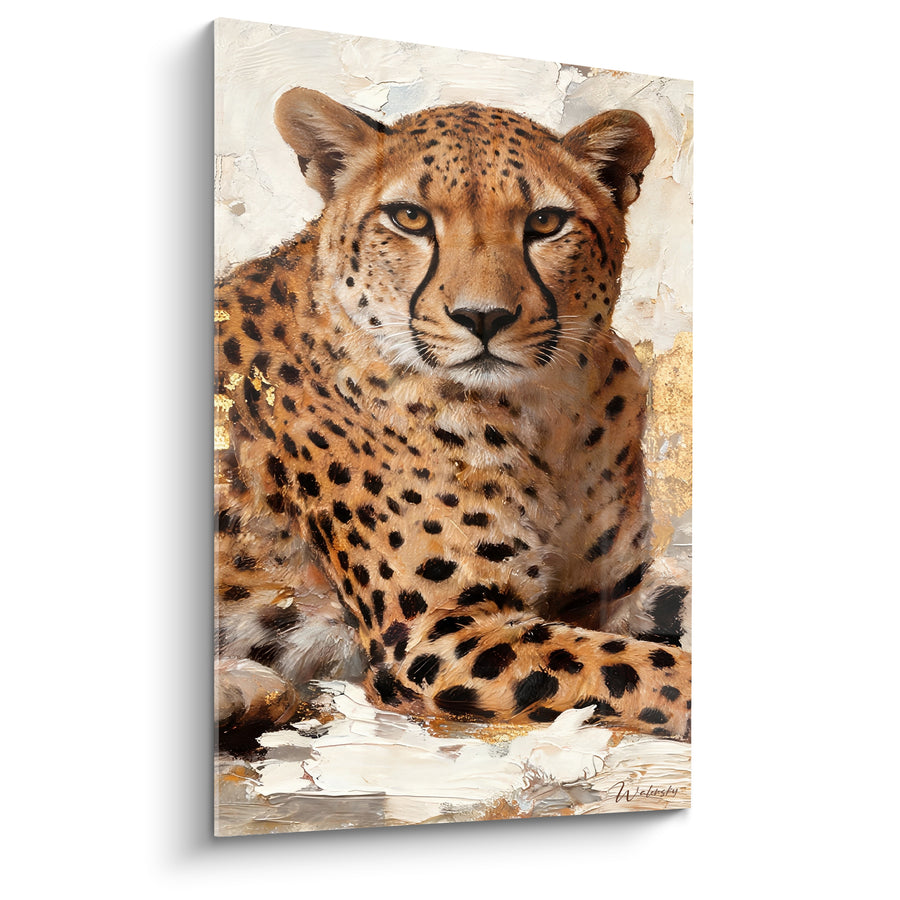 Tableau Guépard couché fond ivoire et doré regard frontal - Face au spectateur - Edition Guépard