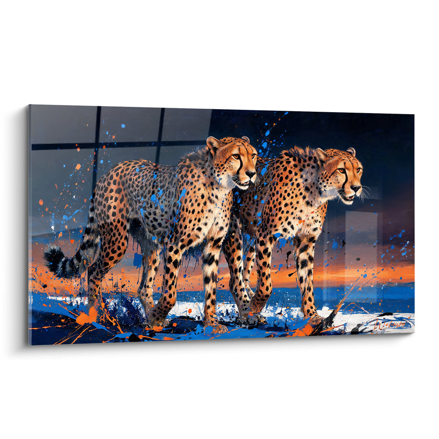 Tableau Guépards fauves aux éclaboussures bleues et orange marchant côte à côte - Duo en marche - Edition Guépard