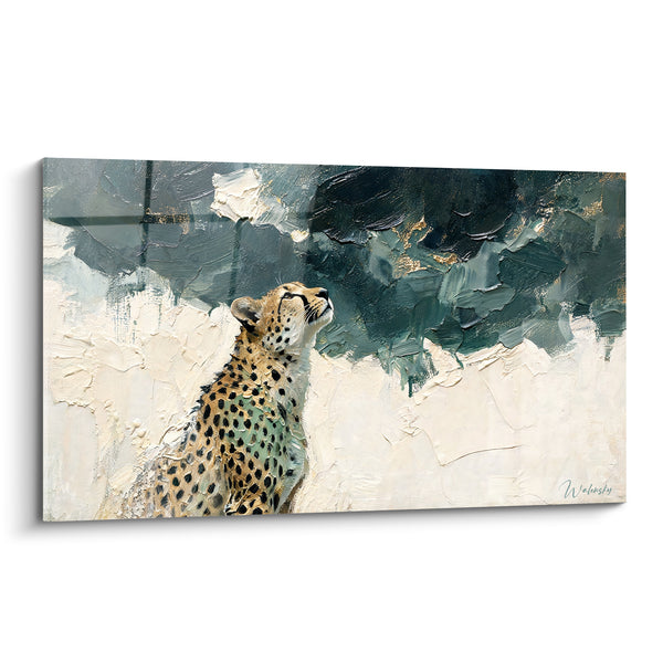Tableau Guépard doré et ivoire au ciel émeraude texturé - Regard levé vers l'orage - Edition Guépard