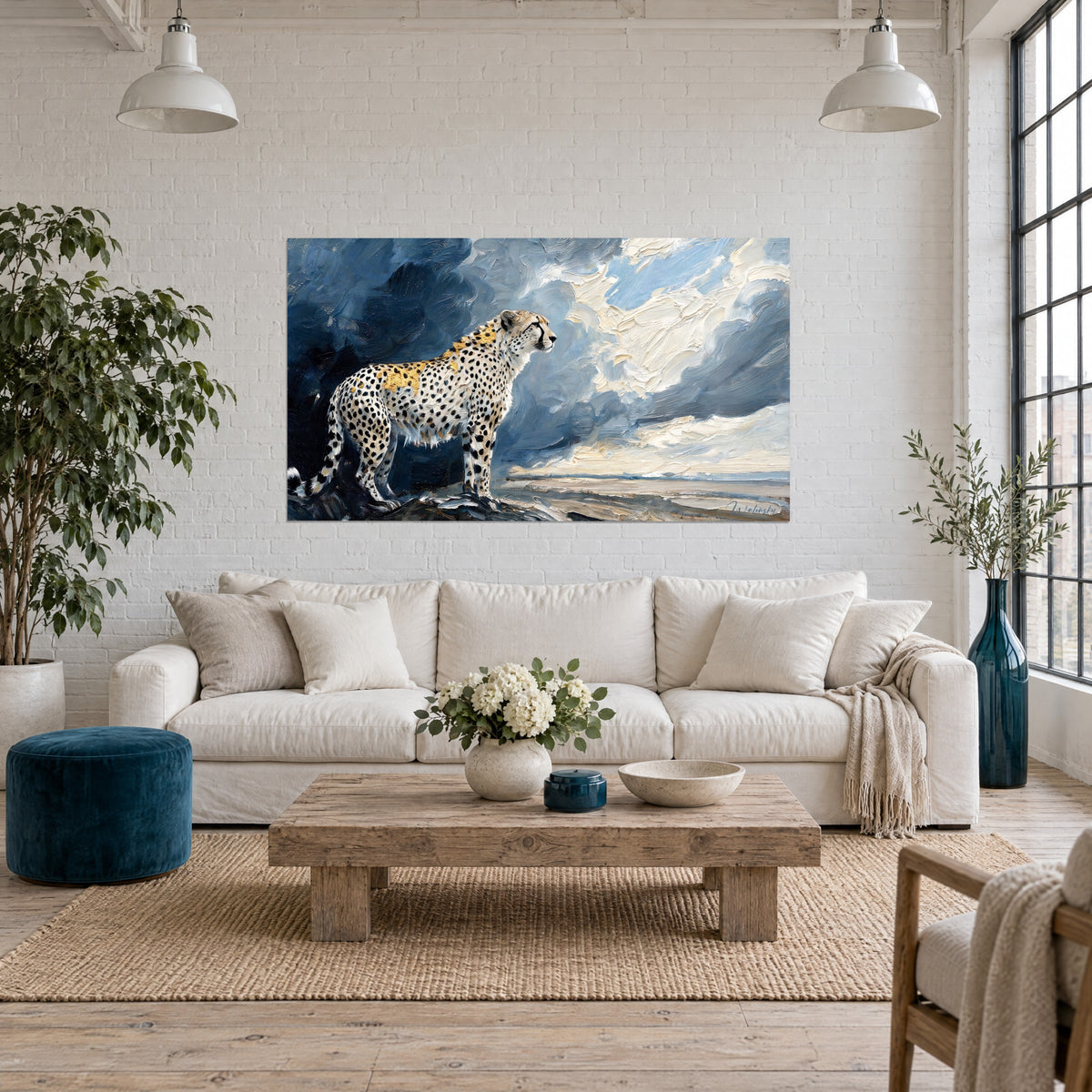 Wall art spotted cheetah with golden-tinted fur under midnight blue and cream clouds, above a sofa in a bright living room