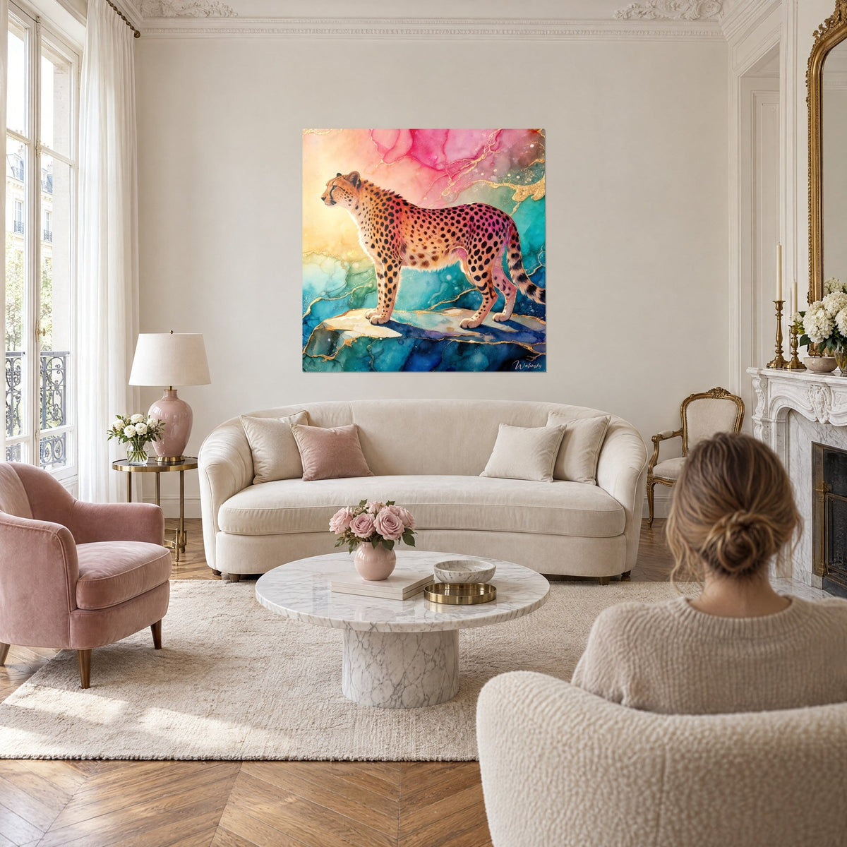 Gemälde Gepard mit orangefarbenen Flecken auf türkisfarbenem Fels, rosa Hintergrund und goldene Linien, von hinten gesehen über einem Sofa in einem hellen Wohnzimmer