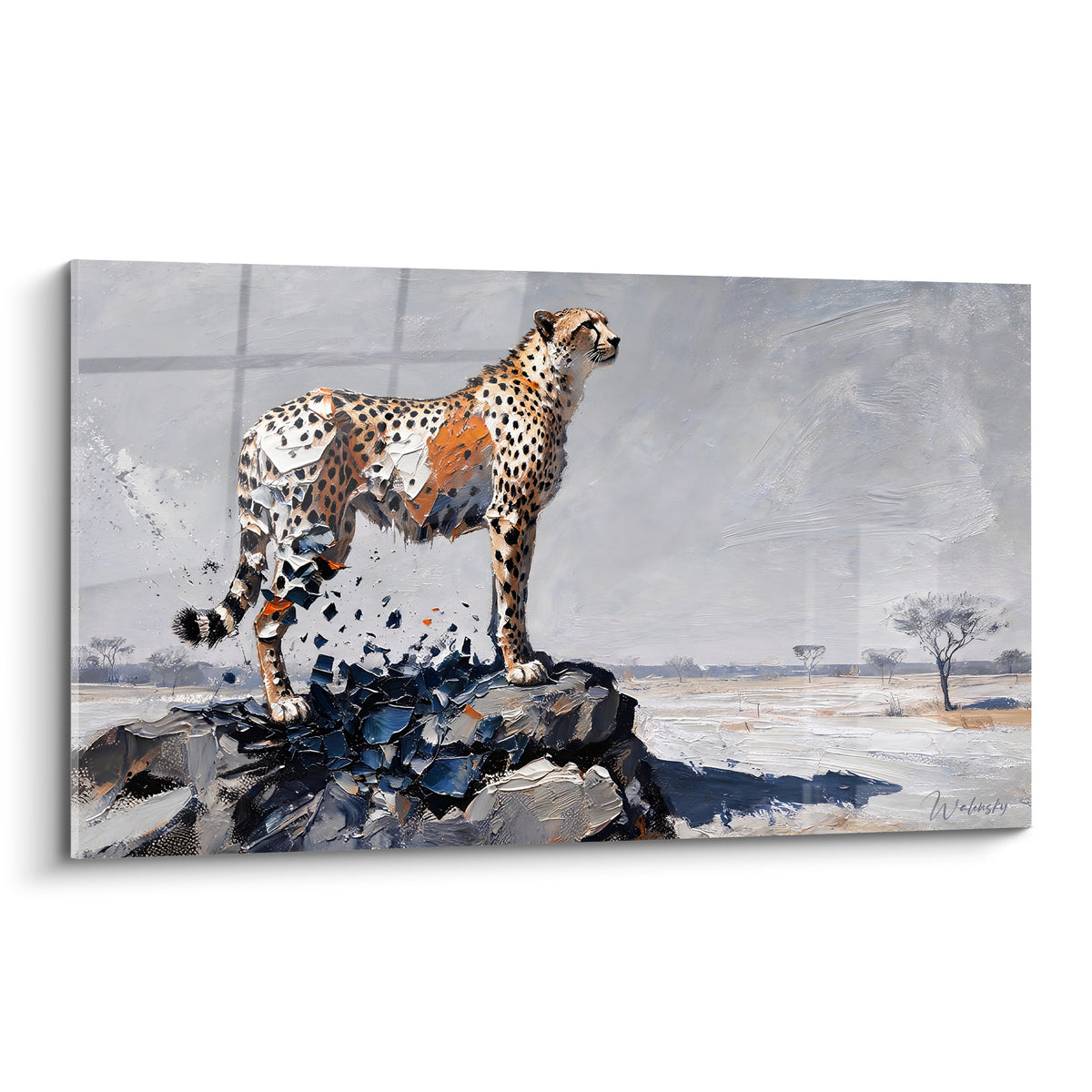 Guépard fauve dressé sur rocher anthracite éclaté, savane grise en arrière-plan, style pictural détaillé