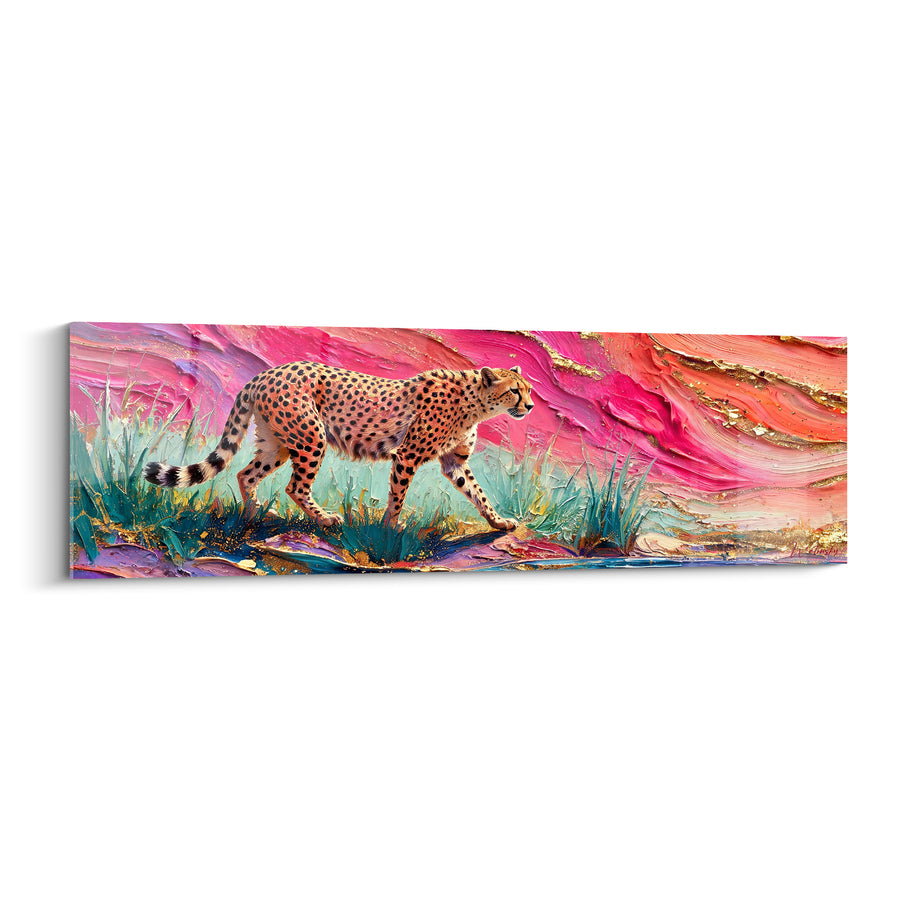 Tableau Guépard fuchsia et corail entre herbes turquoise - Falaise striée d'or - Edition Guépard