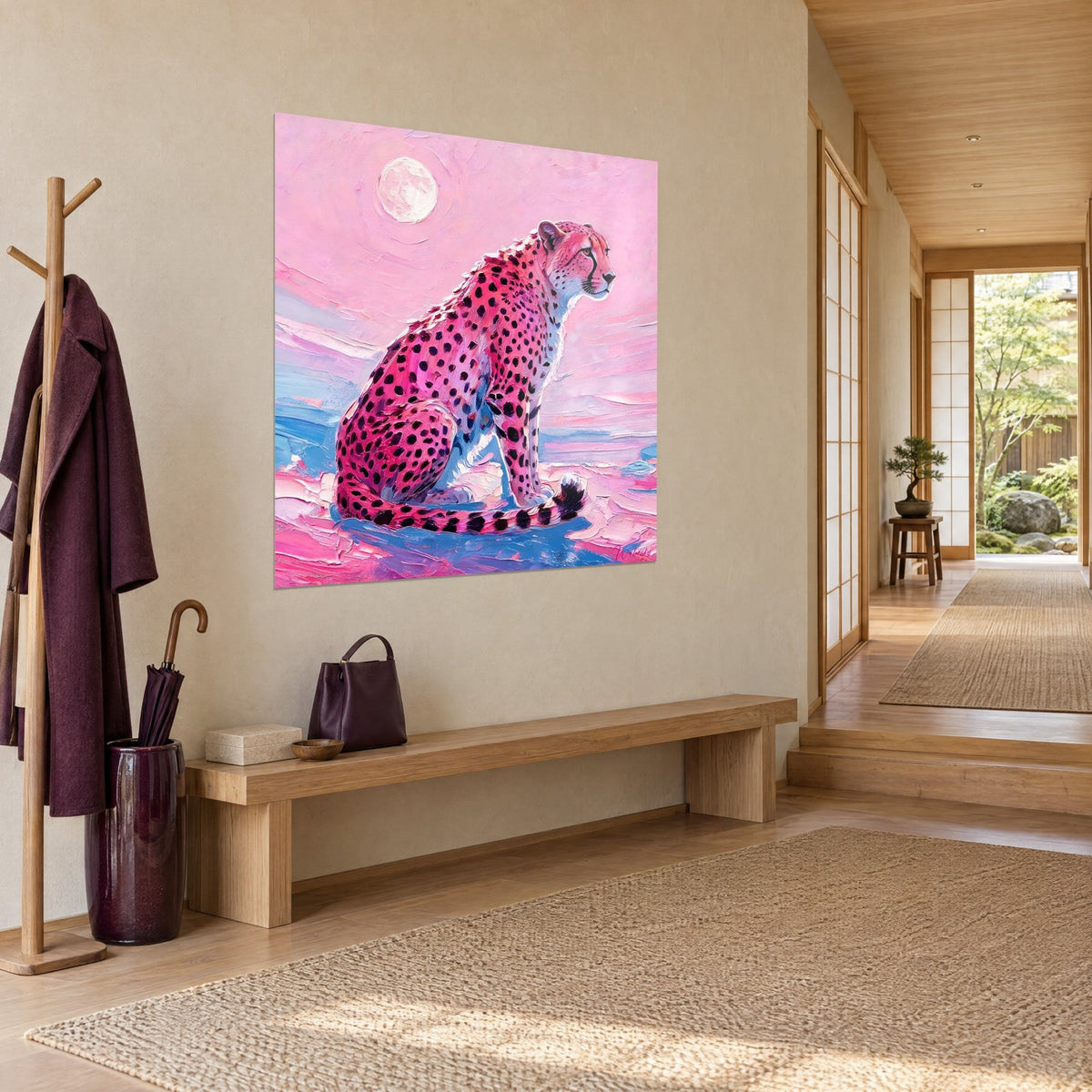 Gemälde gefleckte Raubkatze in Fuchsia mit gestrecktem Profil, pastellrosa pastoser Himmel, cremefarbener Mond, in einem japandi Flur aus hellem Holz