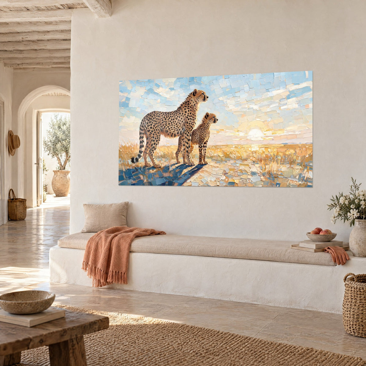 Gemälde gefleckte Raubkatze mit ihrem Jungen im Sonnenuntergang, goldenes Gras und blaue Schatten, weiße Wand eines mediterranen Hauses
