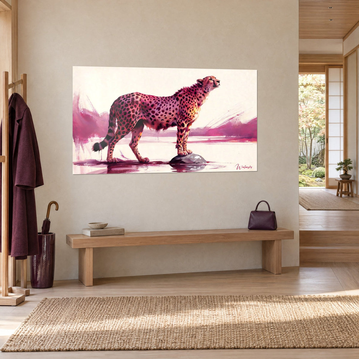 Wall art slender feline with magenta spots, muzzle raised, fawn and cream fur on an ivory background, beige wall of a japandi hallway