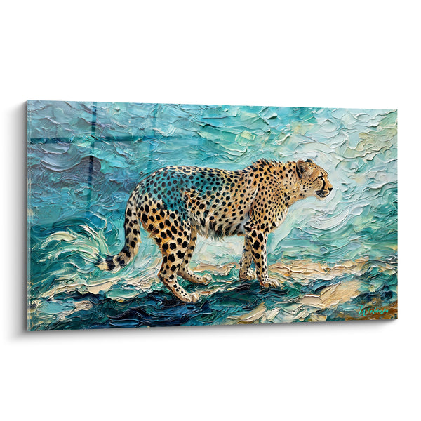 Tableau Guépard fauve et turquoise sur vagues empâtées - Texture tourbillonnante en relief - Edition Guépard