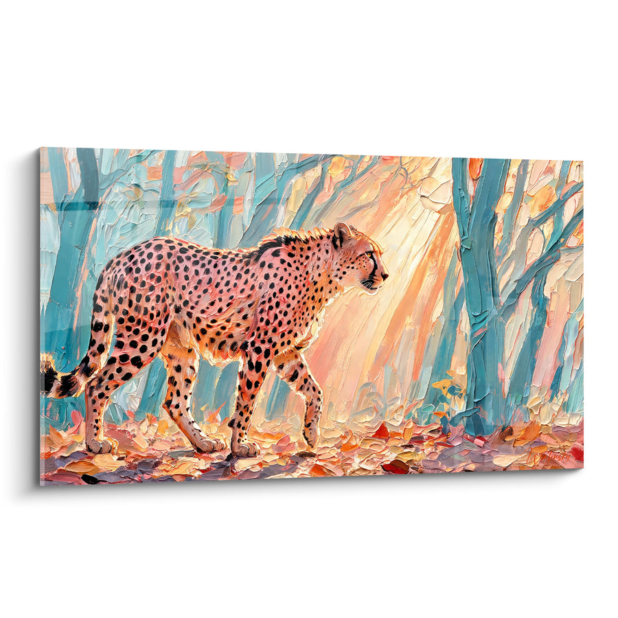 Tableau Guépard rose et turquoise sous des rayons dorés - Sentier de feuilles automnales - Edition Guépard