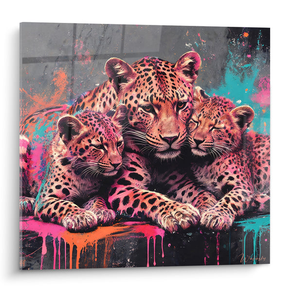 Tableau Guépards enlacés aux couleurs fuchsia et turquoise - Étreinte féline - Edition Guépard