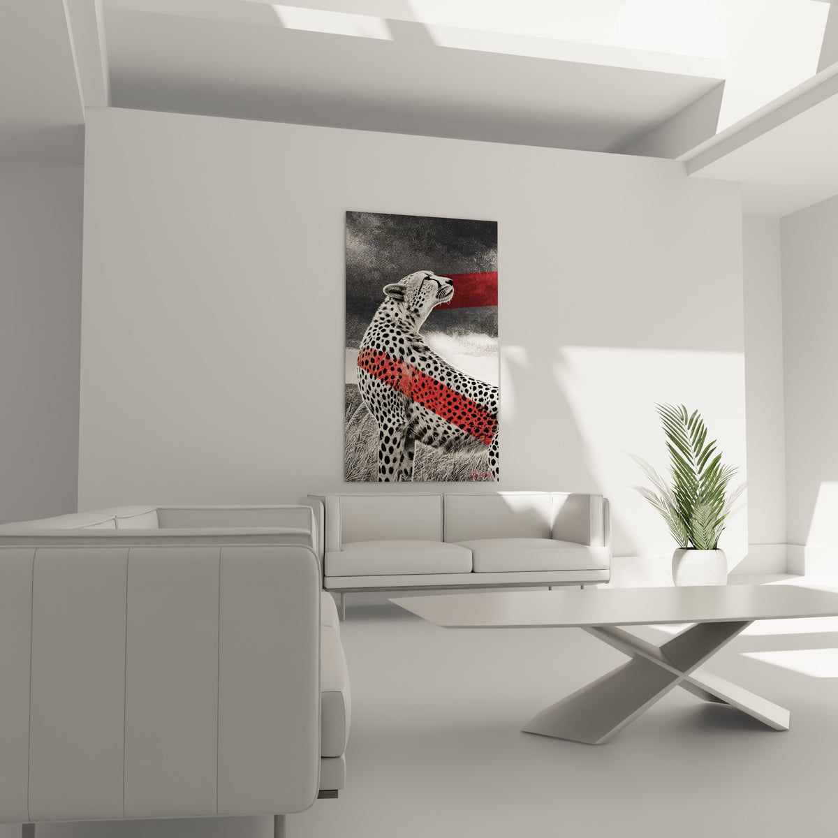 Guépard graphique gris et écarlate placé au-dessus d'un canapé dans un salon lumineux