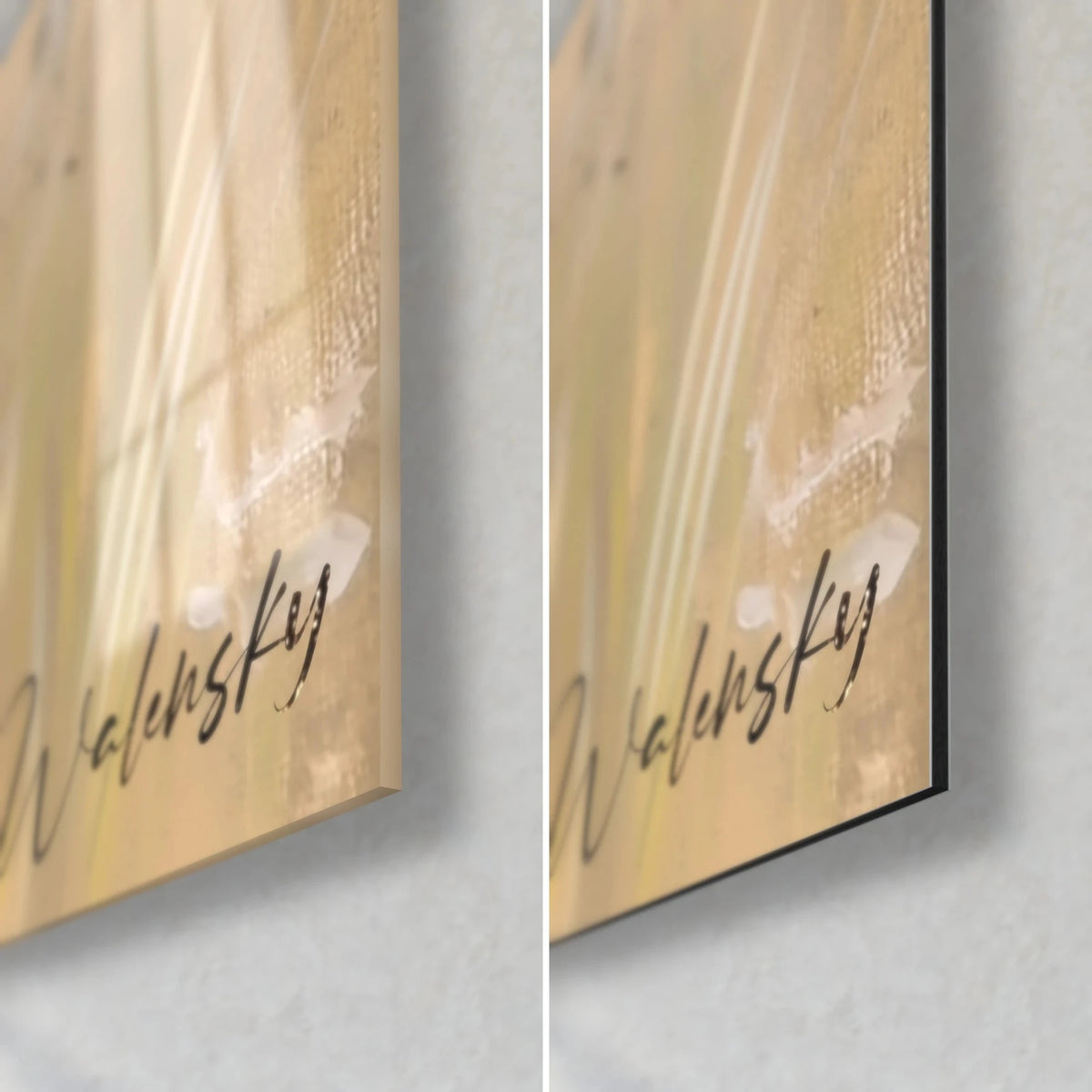 Wall art of a cheetah with orange fur, bottom right corner: glossy acrylic glass on the left, matte Dibond on the right, 3 mm edge