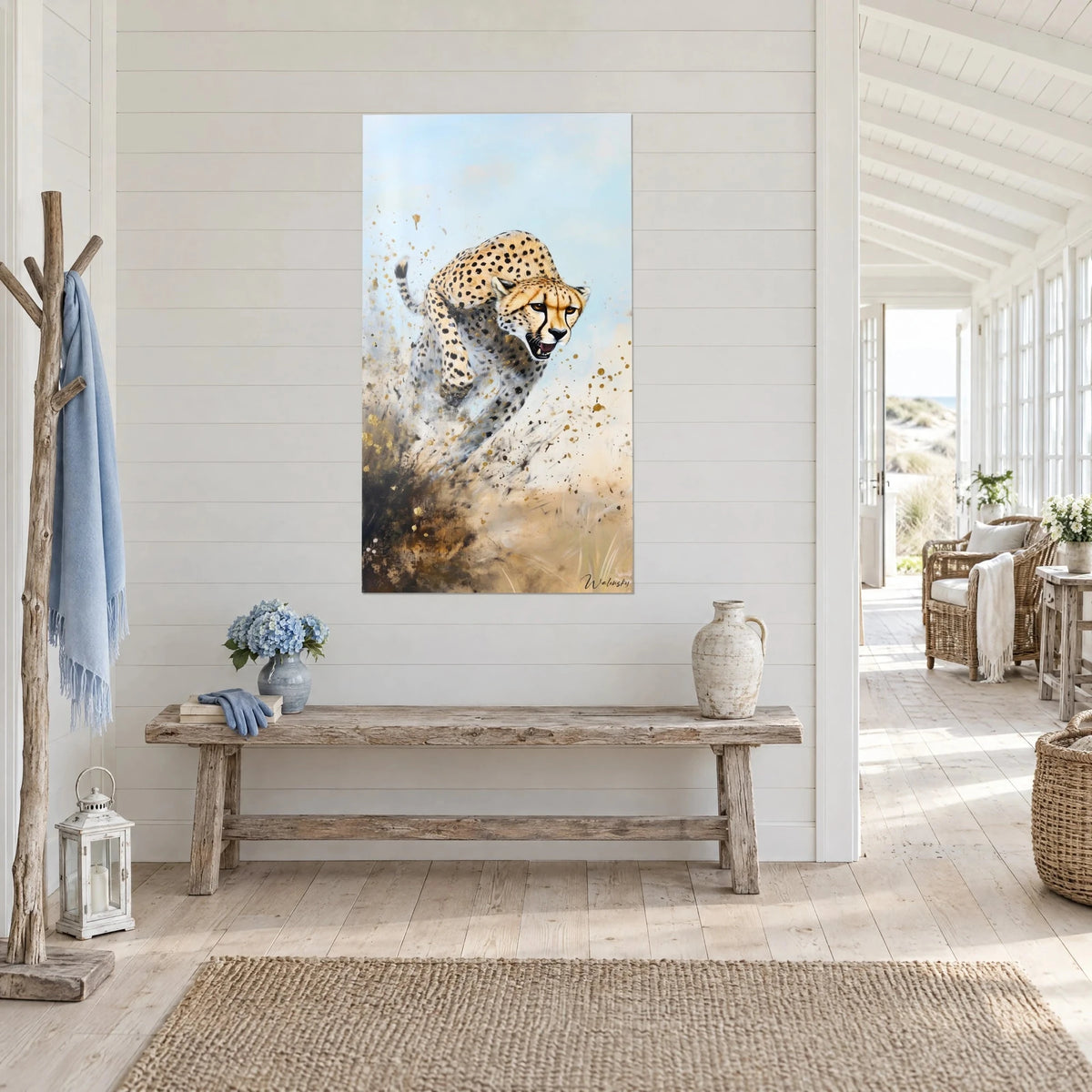 Wall art of a cheetah in full sprint, golden coat spotted with black, open jaws, brown dust, three-quarter view, seaside house