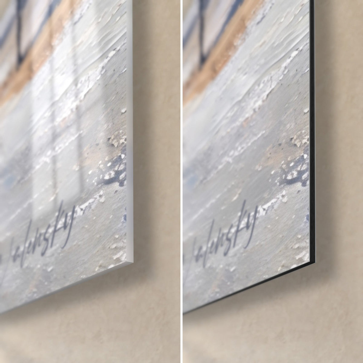 Tableau guépard orangé et gris, coin bas droit : verre acrylique brillant à gauche, alu Dibond mat à droite, tranche de 3 mm