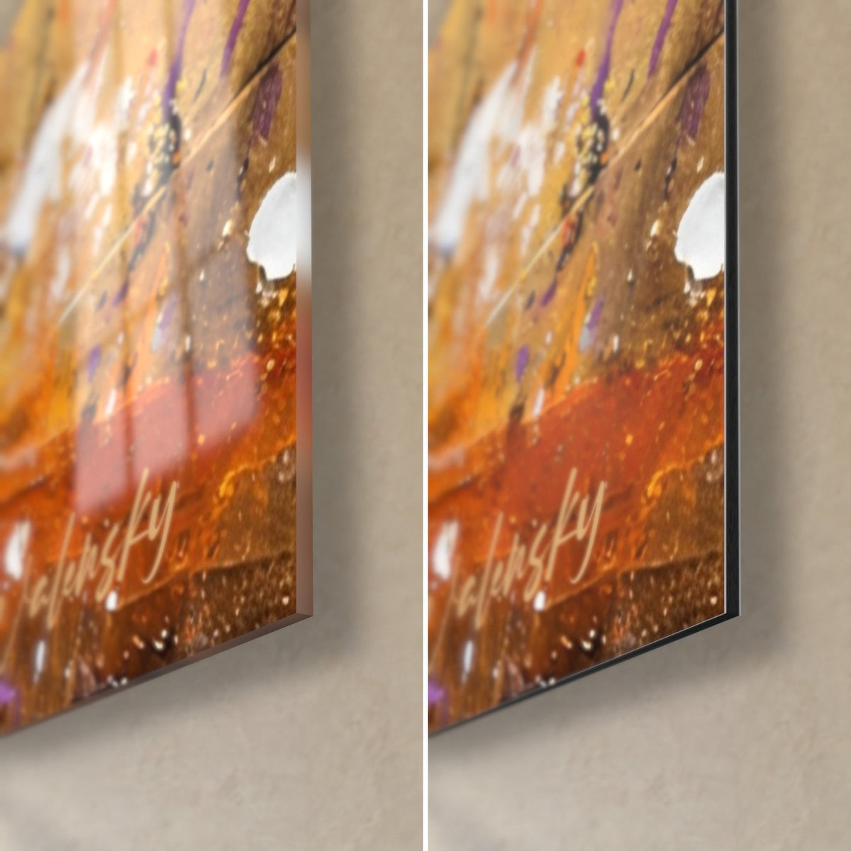 Πίνακας ζωγραφισμένου γκεπάρδου, κάτω δεξιά γωνία: πορτοκαλί ρεύματα και μωβ πινελιές, γυαλιστερό ακρυλικό γυαλί αριστερά, ματ Dibond δεξιά