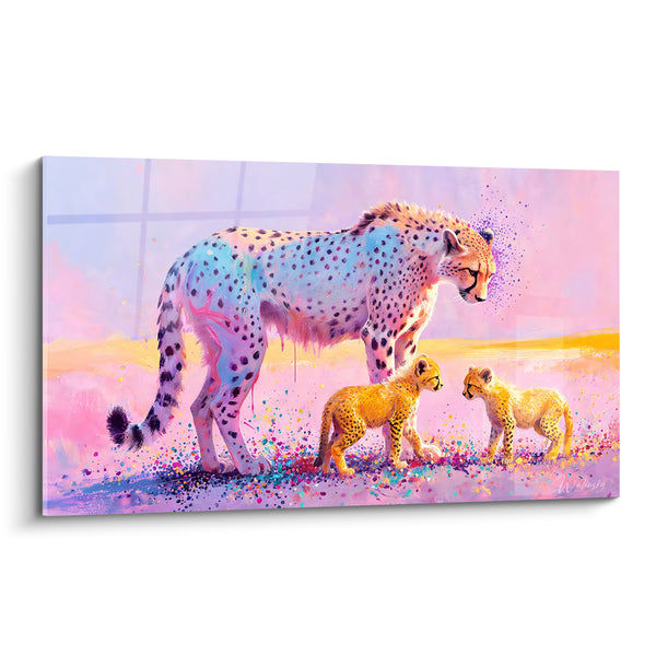Tableau Guépard mauve et rose avec petits - Éveil maternel - Edition Guépard