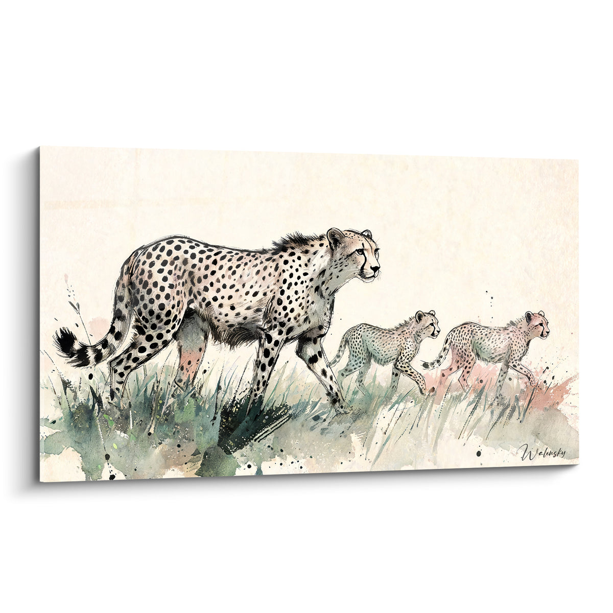 Guépard mère et petits marchant, pelage beige tacheté noir, fond ivoire aquarelle