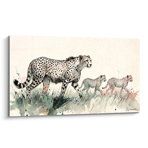 Tableau Guépard mère et petits ivoire beige - Marche familiale - Edition Guépard