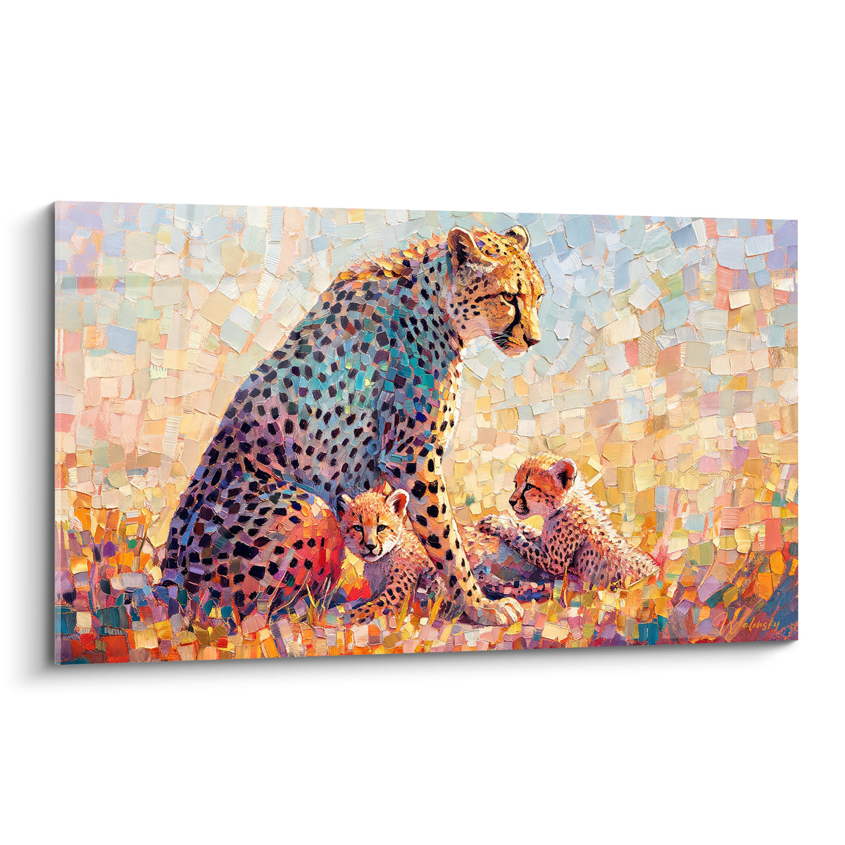 Guépard bleu anthracite et petits fauves veillant ensemble sur fond mosaïque doré et ocre