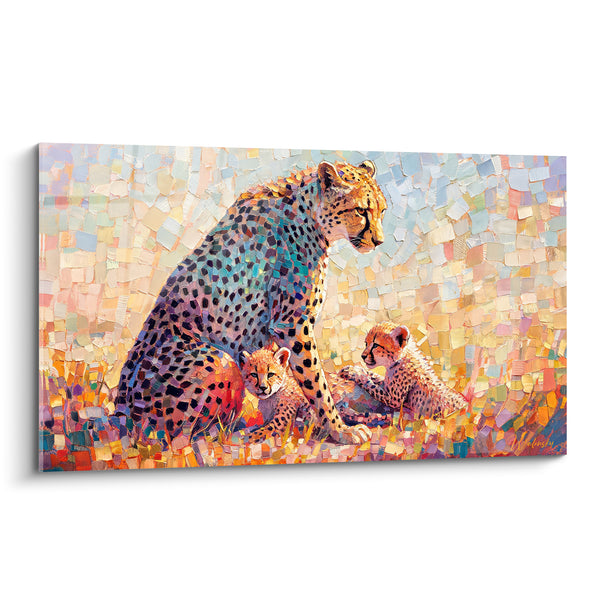 Tableau Guépard mère aux touches turquoise et corail entourée de petits - Famille de guépards - Edition Guépard