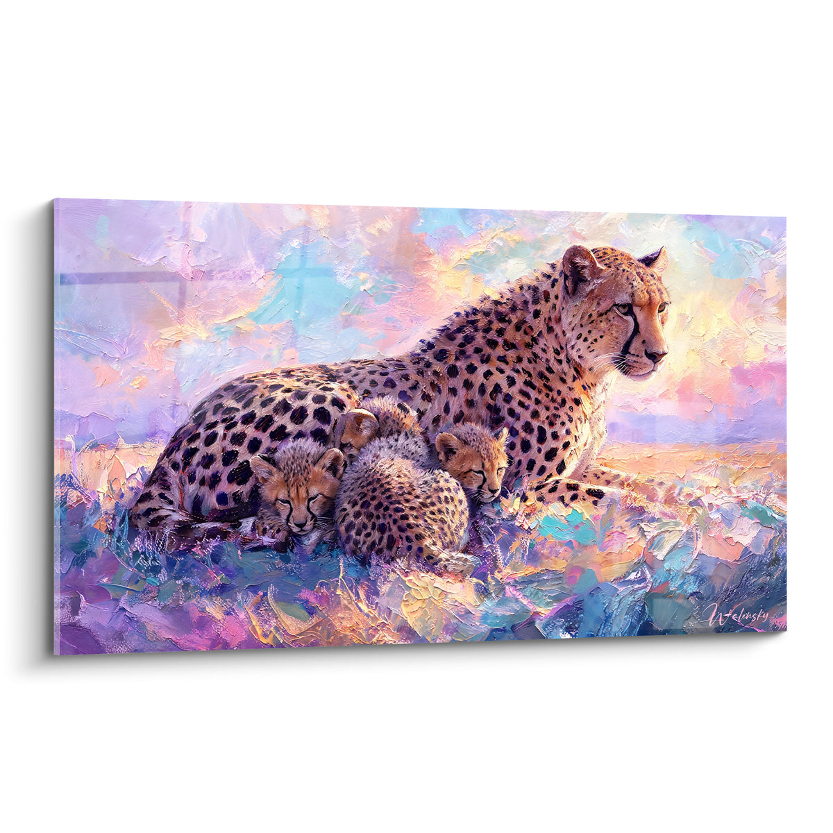 Guépard couché entouré de trois petits, pelage fauve tacheté, fond violet et turquoise à l'empâtement