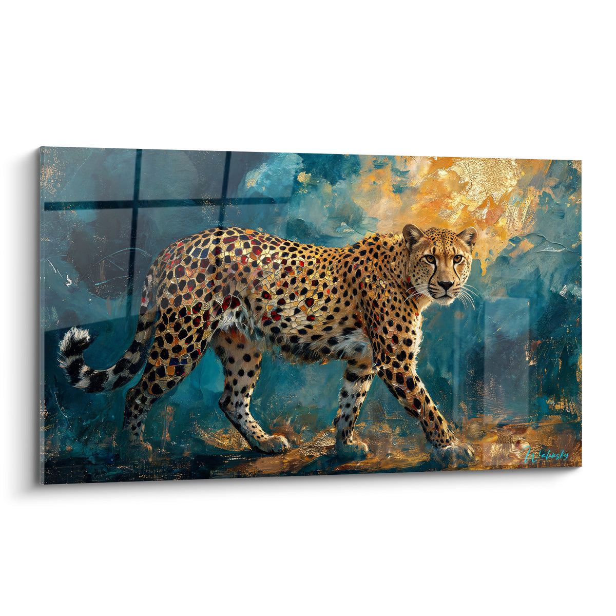 Guépard mosaïque doré et bleu marine en marche, pelage travaillé en fragments colorés