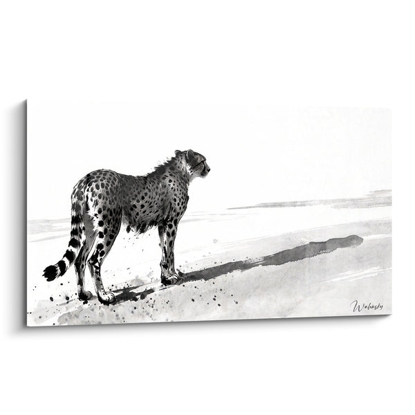 Tableau Guépard noir et blanc à l'ombre portée longue - Éclaboussures d'encre au sol - Edition Guépard